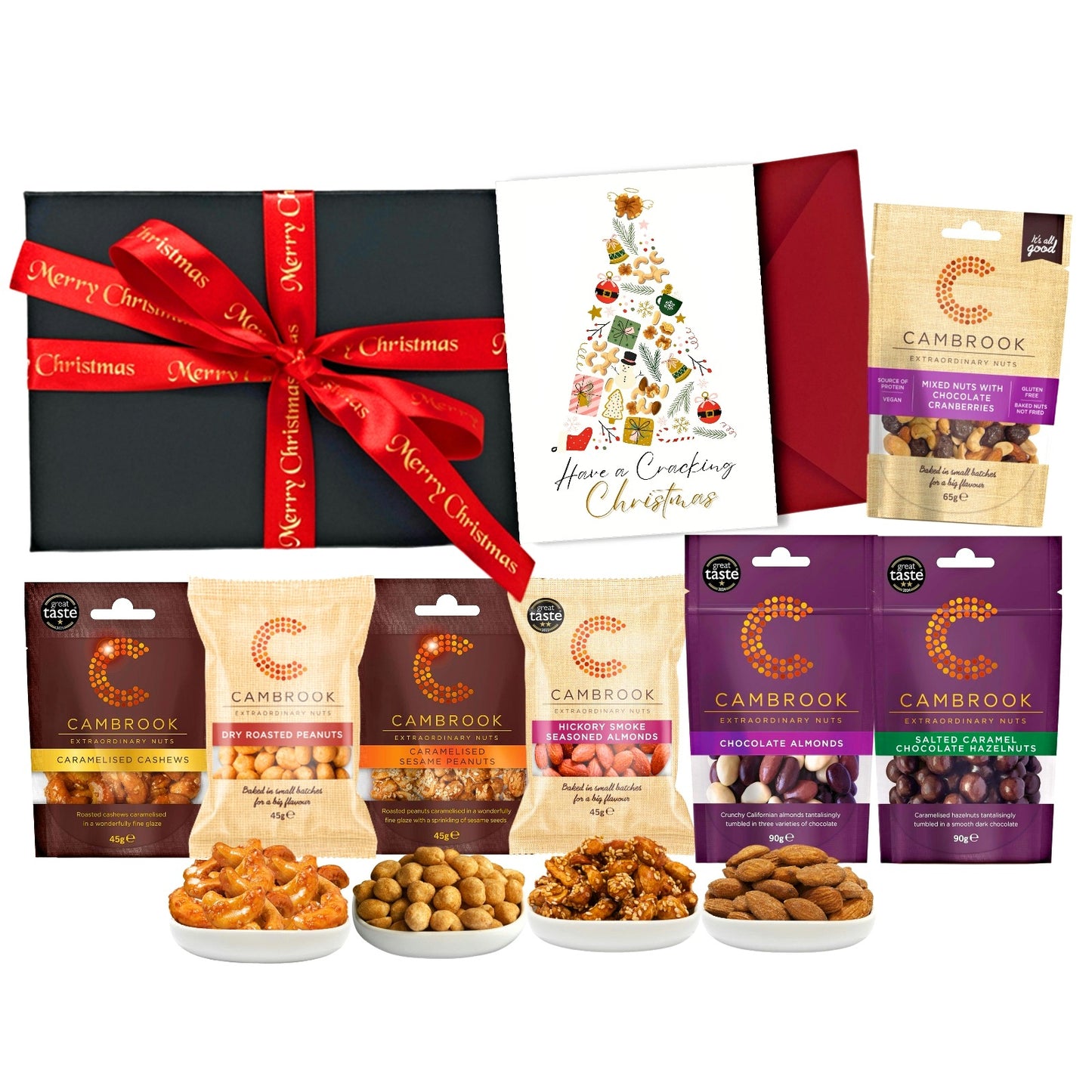 Christmas Sweet Nut Hamper Gift – Caramelised & Chocolate Snack Box with Festive Card – Salted Caramel Hazelnuts, Dark Chocolate Cranberries & More – Gourmet Food Gift for Men & Women