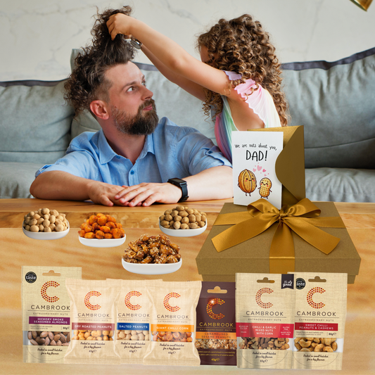 Luxury Nut Hamper Gift for Dad – Premium Snack Box with Funny Greeting Card – Garlic Nuts, Sweet Chilli Cashews, Caramelised & Salted Peanuts – Food Hamper Gift for Men & Fathers