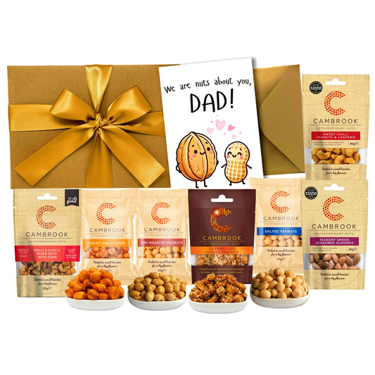 Luxury Nut Hamper Gift for Dad – Premium Snack Box with Funny Greeting Card – Garlic Nuts, Sweet Chilli Cashews, Caramelised & Salted Peanuts – Food Hamper Gift for Men & Fathers