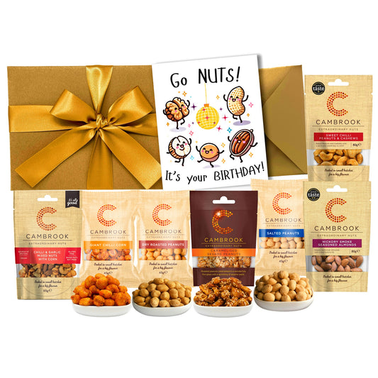 Birthday Nut Hamper Gift – Luxury Snack Box with Funny Birthday Card – Garlic Nuts, Sweet Chilli Cashews, Salted & Caramelised Peanuts – Gourmet Food Gift for Men & Women – WALTNEYS