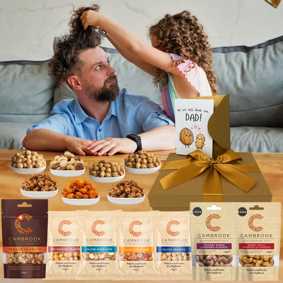Luxury Nut Hamper Gift for Dad – Premium Snack Box with Funny Greeting Card – Sweet Chilli Cashews, Caramelised & Salted Peanuts – Food Hamper Gift for Men & Fathers