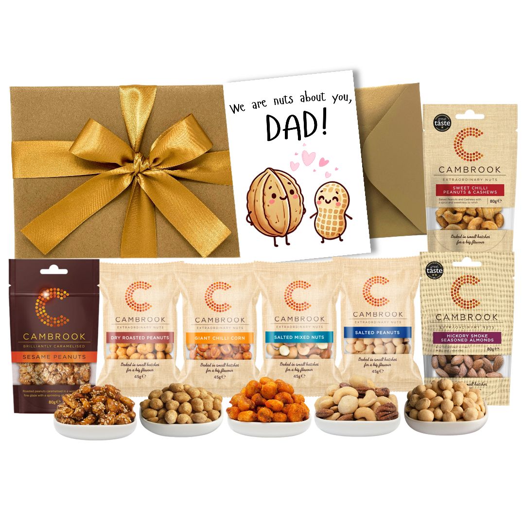 Luxury Nut Hamper Gift for Dad – Premium Snack Box with Funny Greeting Card – Sweet Chilli Cashews, Caramelised & Salted Peanuts – Food Hamper Gift for Men & Fathers