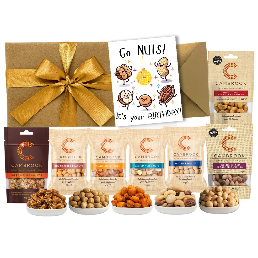 Birthday Nut Hamper Gift – Luxury Snack Box with Funny Birthday Card – Garlic Nuts, Sweet Chilli Cashews, Salted & Caramelised Peanuts – Gourmet Food Gift for Men & Women – WALTNEYS