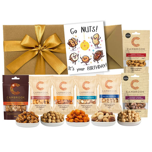Birthday Nut Hamper Gift – Luxury Snack Box with Funny Birthday Card – Garlic Nuts, Sweet Chilli Cashews, Salted & Caramelised Peanuts