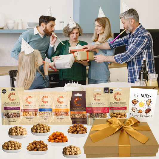 Birthday Nut Hamper Gift – Luxury Snack Box with Funny Birthday Card – Garlic Nuts, Sweet Chilli Cashews, Salted & Caramelised Peanuts – Gourmet Food Gift for Men & Women – WALTNEYS