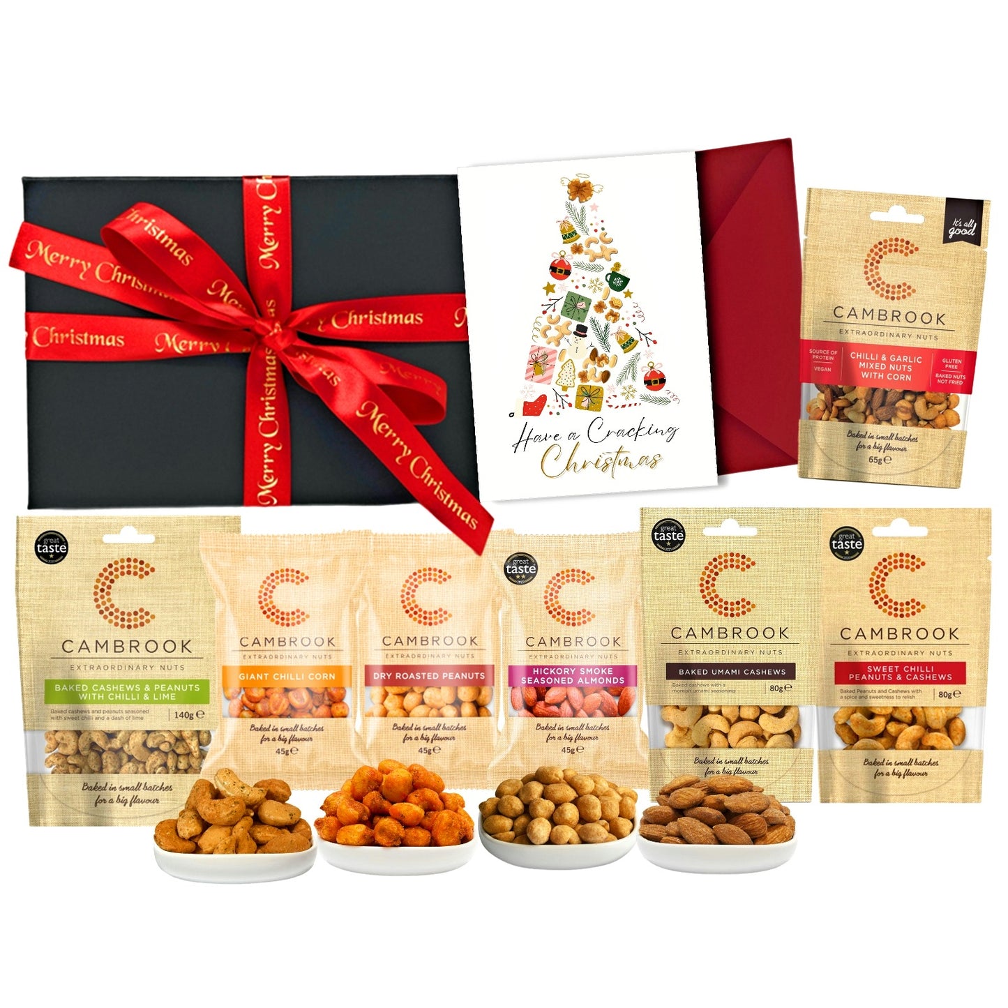 Christmas Chilli Nut Hamper Gift – Spicy Snack Box with Festive Card – Chilli & Garlic Nuts, Umami Cashews & Giant Chilli Corn – Food Gift for Men & Women
