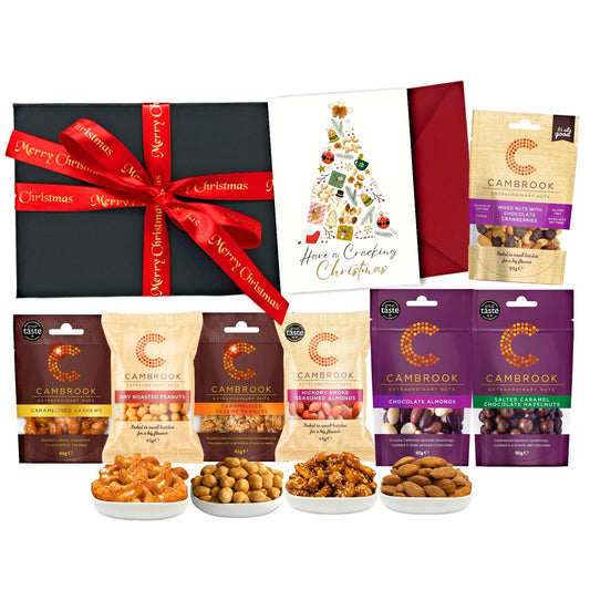 Christmas Sweet Nut Hamper Gift – Caramelised & Chocolate Snack Box with Festive Card – Salted Caramel Hazelnuts, Dark Chocolate Cranberries & More – Gourmet Food Gift for Men & Women