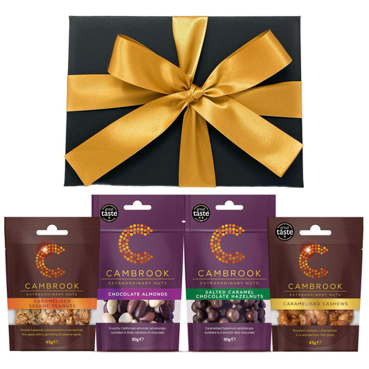 Luxury Caramelised Nuts Hamper, Chocolate Almonds, Salted Caramel Hazelnuts, Caramelised Cashews and Peanuts with Sesame Seeds